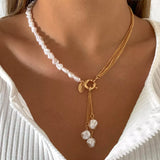 elvesmall Baroque Simulated Pearls Long Tassel Pendant Necklace For Women Beaded Link Chain Necklace Lariat Wedding Jewelry