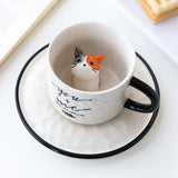 elvesmall  - Cute Cat Relief Ceramics Mug With Tray Coffee Milk Tea Handle Porcelain Cup Novelty Gifts