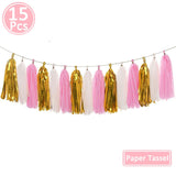 elvesmall 15pcs Rose Gold Paper Tassel Garland Kids Adult Happy Birthday Party Decoration First 1st Baby Boy Girl One Year Banner Supplies