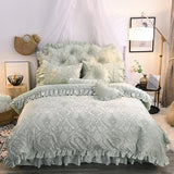 elvesmall  Luxury White Pink Purple Green Winter Thick Fleece Fabric Princess Bedding set Lace Jacquard Duvet Cover Bed skirt Pillowcases