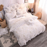 elvesmall  Luxury White Pink Purple Green Winter Thick Fleece Fabric Princess Bedding set Lace Jacquard Duvet Cover Bed skirt Pillowcases