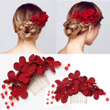 elvesmall 1Pcs Fashion Red Flower Hair Comb Bridesmaid Crystal Hair Clip Bridal Hairpin Wedding Hair Jewelry For Women Party Hairband Gift