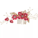 elvesmall 1Pcs Fashion Red Flower Hair Comb Bridesmaid Crystal Hair Clip Bridal Hairpin Wedding Hair Jewelry For Women Party Hairband Gift