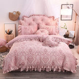 elvesmall  Luxury White Pink Purple Green Winter Thick Fleece Fabric Princess Bedding set Lace Jacquard Duvet Cover Bed skirt Pillowcases