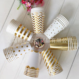 elvesmall 8pcs Golden Cup Party Paper Disposable Tableware Birthday Party Dinner Plate Polka Dot Striped Cup