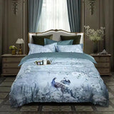 elvesmall 100% Egyptian Cotton US size Bedding Queen King size 4Pcs Birds and Flowers Leaf Gray Shabby Duvet Cover Bed sheet Pillow shams