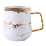 elvesmall  - 400ml Marble with Gold Inlay Ceramic Coffee Mugs with Wood Lid Matte Finish Black and White Office Drinking Milk Mugs Cups Gifts