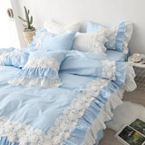 elvesmall  100%Cotton Bed Sets Queen King Size Blue Duvet Cover Bed Skirt Pillowcase for Princess Room Korean Lace Bedding Set Luxury