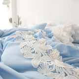 elvesmall  100%Cotton Bed Sets Queen King Size Blue Duvet Cover Bed Skirt Pillowcase for Princess Room Korean Lace Bedding Set Luxury