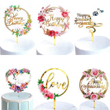 elvesmall Happy Birthday Cake Topper Flowers Acrylic Straw Toppers Cake Decorating Tools Birthday Anniversary Party Decorating Supplies