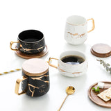 elvesmall  - 400ml Marble with Gold Inlay Ceramic Coffee Mugs with Wood Lid Matte Finish Black and White Office Drinking Milk Mugs Cups Gifts