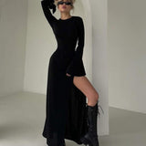 women's clothing popular autumn and winter new slim-fitting temperament long-sleeved split-ended sexy long dress dress dress