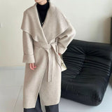 2025 All-wool solid color large lapel lace-up shoulder sleeves extended double-sided cashmere coat woolen jacket to keep warm in autumn and winter