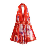 Hot Trade 2024 Summer New Fashion V-neck Strap Sexy Print Hanging Collar Short Dress Women