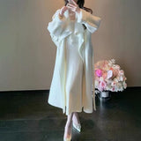 2025 All-wool solid color large lapel lace-up shoulder sleeves extended double-sided cashmere coat woolen jacket to keep warm in autumn and winter