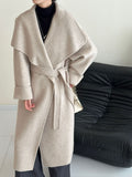 2025 All-wool solid color large lapel lace-up shoulder sleeves extended double-sided cashmere coat woolen jacket to keep warm in autumn and winter