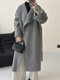 2025 All-wool solid color large lapel lace-up shoulder sleeves extended double-sided cashmere coat woolen jacket to keep warm in autumn and winter