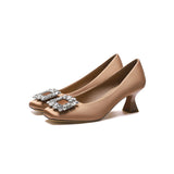 2025 6388-2 square head high heels women's 2025 autumn new women's shoes thin heel shallow mouth rhinestone square buckle temperament single shoes