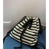Striped Commuter Large Capacity  New Pull-Belt One-Shoulder Versatile Fashion Women's Knitted Black and White Striped Backpack Women
