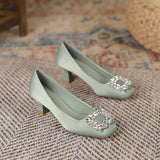 2025 6388-2 square head high heels women's 2025 autumn new women's shoes thin heel shallow mouth rhinestone square buckle temperament single shoes