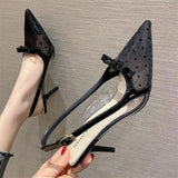 2025 733-8 pointed stiletto high heels Korean version of sexy mesh bag head sandals women's bow temperament high heels sandals