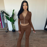 street style new zipper long-sleeved hooded top high waist horn trousers fashion two-piece suit women