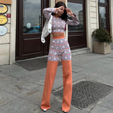 women's clothing, autumn and winter  ethnic style printing plaid long-sleeved short top high-waisted straight trousers set