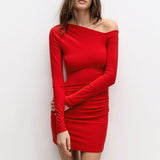 women's clothing popular autumn 's new solid color long-sleeved one-shoulder diagonal collar sexy hip-wrapped dress mini