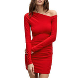 women's clothing popular autumn 's new solid color long-sleeved one-shoulder diagonal collar sexy hip-wrapped dress mini