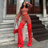 women's clothing, autumn and winter  ethnic style printing plaid long-sleeved short top high-waisted straight trousers set