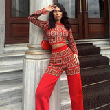 women's clothing, autumn and winter  ethnic style printing plaid long-sleeved short top high-waisted straight trousers set