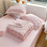 elvesmall 1/3Pc Pink Korean Style Princess Lace Ruffles Soft Seersucker Summer Quilt Single Double Queen Quilted Summer Comforter Blanket