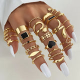 elvesmall Exaggerated Punk Rings Set Snake Heart Chain Butterfly Gold Color Metal Finger Ring for Women Fashion Jewelry Gift