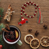 elvesmall  Christmas Wood Bead Garland With Red Truck Snowflake Pendant Xmas Wooden Bead Garland Tassel Rustic Farmhouse Christmas Decor