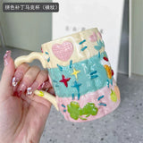 elvesmall  -  Korean Ins Niche Design Ceramic Water Cup Cartoon Cute Hand-painted Patch Plaid Mug Heat-resistant Home Milk Cup with Handle