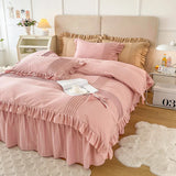 elvesmall 100% Cotton Solid Color Vintage Ruffled Duvet Cover Farmhouse Rustic Comforter Cover Geometric Stripes Bedding Set with 2 Sham