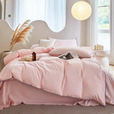 elvesmall 100%Washed Microfiber Solid Plain Beige Bedding Set Double Queen King 4Pcs Duvet Cover Set 1Flat Sheet 2Pillowcases