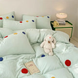 elvesmall INS Cream Solid Color Girls Bedding Set Soft Washed Cotton Quilt Cover Flat Sheet Pillowcase Girls Kids Bed Linens Decor Home