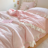 elvesmall 1/3Pc Pink Korean Style Princess Lace Ruffles Soft Seersucker Summer Quilt Single Double Queen Quilted Summer Comforter Blanket