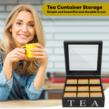elvesmall Wooden 9 Grids Tea Box Tea Bags Container Storage Box Square Gift Box Case Transparent Top Lid Jewelry Storage Box-Black