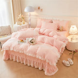 elvesmall Korean Luxury Lace Ruffles Bedding Set Skin-Friendly Washed Cotton Princess Style Duvet Cover Bed Sheet Pillowcase Home Textiles