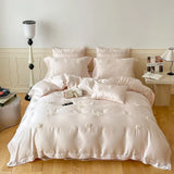 elvesmall -  French Style Flower Embroidered 100% Lyocell Bedding Set Pink High-end Natural Plant Fibres Duvet Cover Set Coolness Quilt Cover