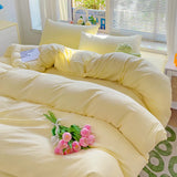 elvesmall High Quality INS Style Solid Color Bedding Set Washed Cotton Bed Linen Yellow Duvet Cover Flat Sheet Pillowcase Girls Bedclothes