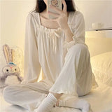 elvesmall Ruffles Sleepwear Women Pajama Sets Lace-up Long Pants Sets 2 Pieces Piiama Solid Korean Style Full Sleeve Autumn Night Wears