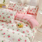 elvesmall Double-layer Cotton and Linen Bedding Set Four-piece Floral Washed Cotton Quilt Cover Net Celebrity Bed Sheet Student BeddingSet