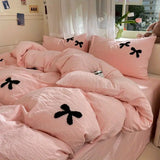 elvesmall Princess Bowknot Bedding Set Pink Duvet Cover Bed Flat Sheet Girls Solid Color Bed Linens Washed Cotton Bedclothes Single Double