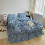 elvesmall Girls Pleat Cotton Bedding Set Solid Bed Linen King Queen Twin Double Size Duvet Cover Sets