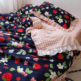 elvesmall Korean Ruffle Lace Bed Skirt Set Botanical Floral Strawberry Duvet Cover with 2 Pillowcase Soft Microfiber Bedding Set Full Size