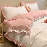 elvesmall Fashion Lattice Bedding Set Bed Sheet Cute Princess AB Double Sided Ruffle Flower Quilt Cover Pillowcase Bedclothes Home Textile