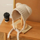 elvesmall Cute Girl Knit Ear Protection Hat Bear Women Earmuffs Cap Woolen Crochet Bonnet Solid Color Hood Beanies Winter Warm Headgear